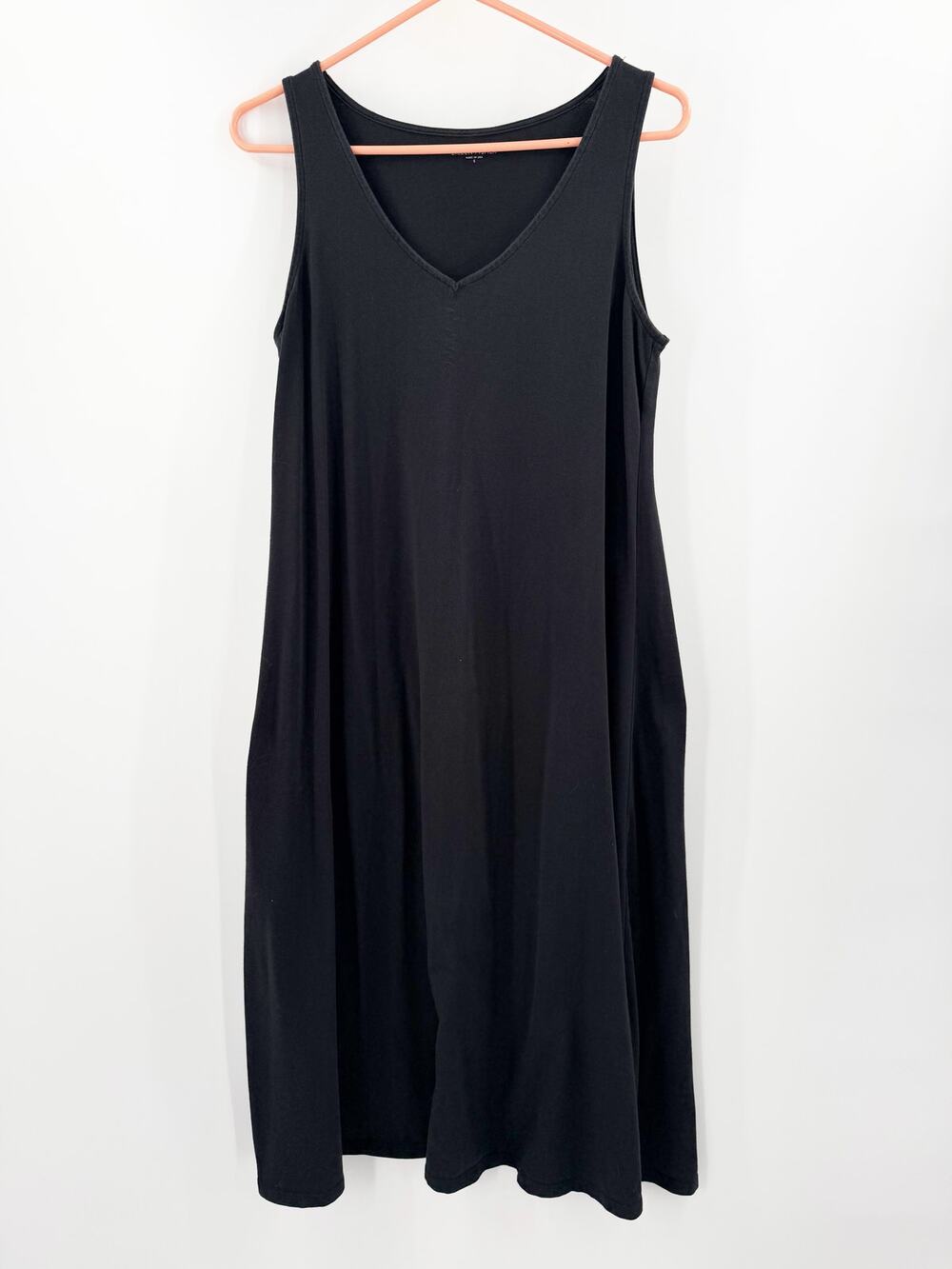 Eileen Fisher Dress Womens Small Black Midi Organic Cotton Stretch Jersey Vneck - Picture 1 of 11